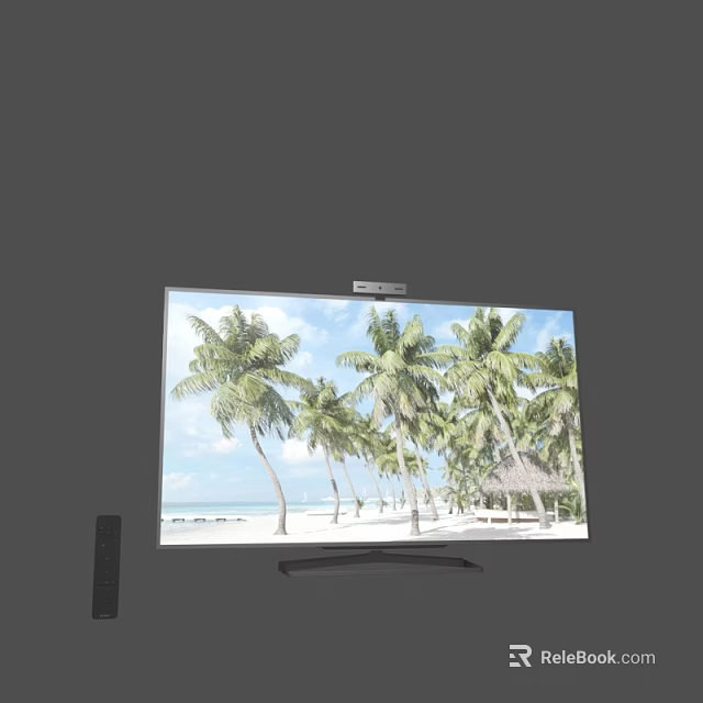 Modern Smart TV Displaying Beach Scene with Palm Trees and Remote Control 3d model 