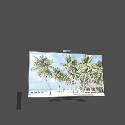 Modern Smart TV Displaying Beach Scene with Palm Trees and Remote Control 3d model