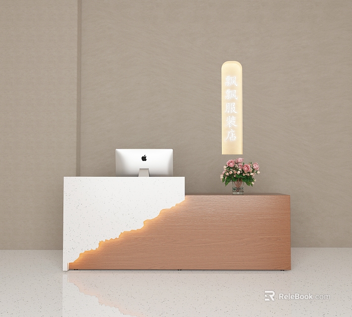 Modern Store Front Desk Design With White Countertop Wooden Cabinet Computer And Pink Flower Vase 3d model 