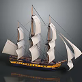 Detailed Sailing Ship Model With White Sails And Yellow Dark Blue Hull