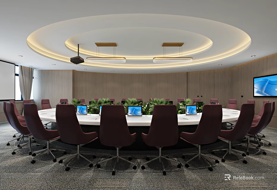 Modern Conference Room Interior With Circular Table Purple Chairs Laptops TV And Wooden Walls 3d model 