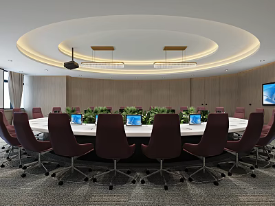 Modern Conference Room Interior With Circular Table Purple Chairs Laptops TV And Wooden Walls 3d model