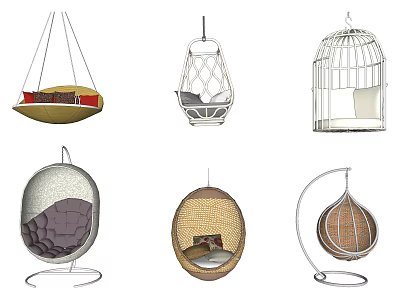 Stylish Hanging Chairs With Various Designs Woven Spherical Cage Like And Cushioned Home Decor 3d model