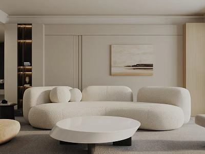 Modern Living Room Interior With Beige Curved Sofa Round Coffee Table And Wall Art 3d model