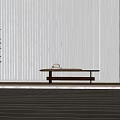 White Vertical Blinds in Modern Interior With Floor Lamp Wooden Bench and Hat