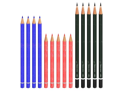 Assorted Colored Pencils in Blue Red and Black Colors Arranged Neatly 3d model