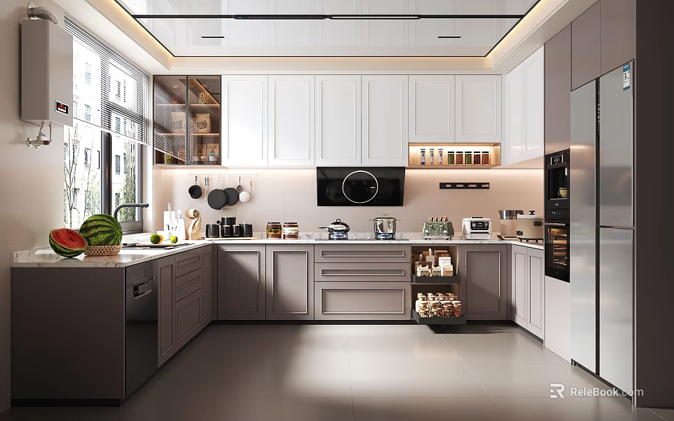 Modern Kitchen Interior With White Cabinets Marble Countertop Island And Stainless Steel Appliances 3d model 