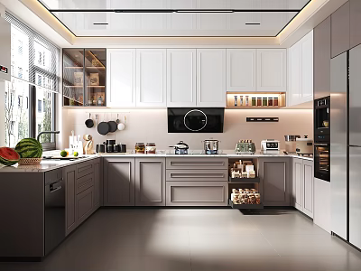 Modern Kitchen Interior With White Cabinets Marble Countertop Island And Stainless Steel Appliances 3d model