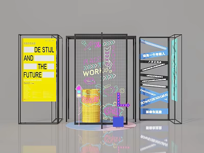 Stylish Photo Spot Featuring Yellow Sign Grid Structure And Neon Work 3d model