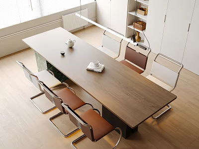 Modern Dining Table Set Featuring Wooden Tabletop Leather Seats Metal Frame And Tea Tray Teacups 3d model