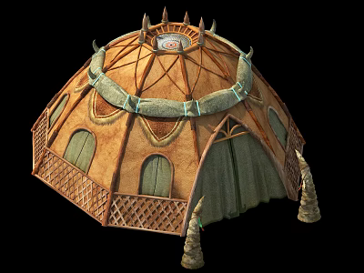 Traditional Domed Tent With Woven Structure Decorative Top And Support Poles 3d model
