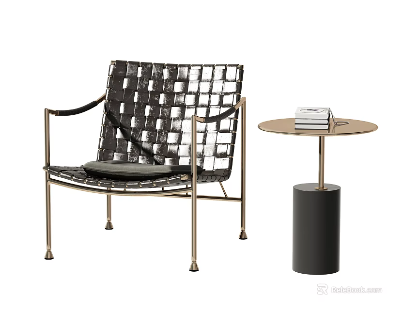 Woven Black White Leisure Chair with Golden Metal Frame and Round Side Table with Books 3d model 