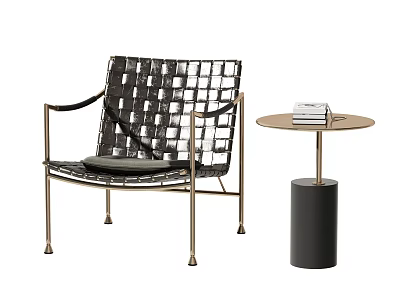 Woven Black White Leisure Chair with Golden Metal Frame and Round Side Table with Books 3d model