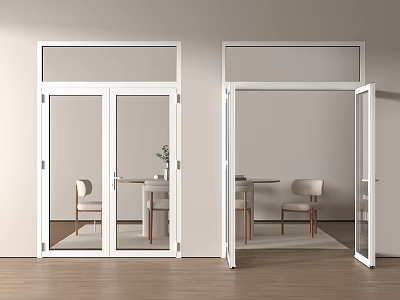 White Frame Glass Panel Double Doors In Modern Interior With Wooden Floor And Dining Area 3d model
