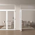 White Frame Glass Panel Double Doors In Modern Interior With Wooden Floor And Dining Area