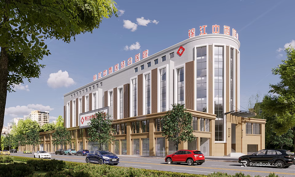 Modern Office Building Exterior With Glass Curtain Wall Red Logo Surrounding Trees And Street Cars 3d model 
