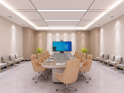 Modern Conference Room Interior With Long Table Projector Screen And Beige Chairs 3d model