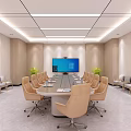 Modern Conference Room Interior With Long Table Projector Screen And Beige Chairs 3d model