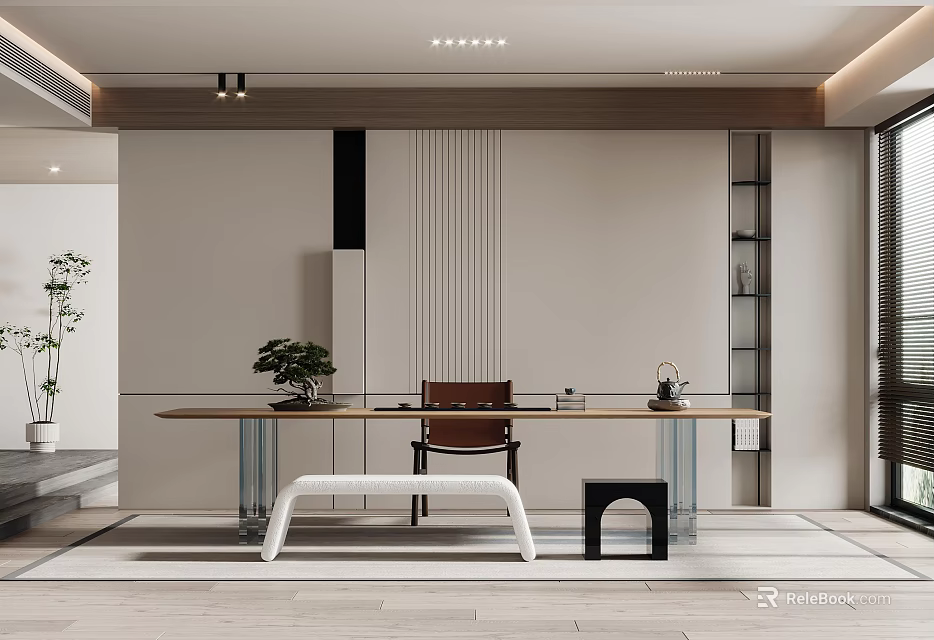 Modern Zen Tea Room With Long Table Plants And Minimalist Decor 3d model 