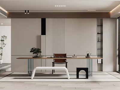 Modern Zen Tea Room With Long Table Plants And Minimalist Decor 3d model
