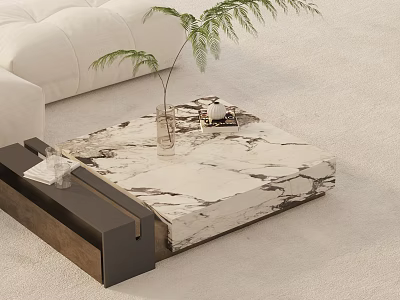 Modern White Sofa and Marble Coffee Table Combination with Green Plant Decor 3d model