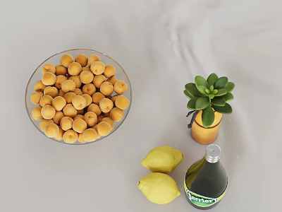 Inflatable Fruit Themed Decor With Apricots Lemons Olive Oil And Succulent Plant 3d model