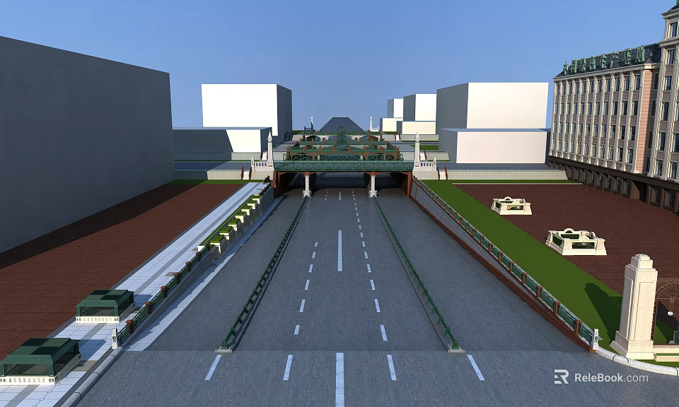 Urban Road Infrastructure With Overpass Buildings Green Belts And Street Lamps 3d model 