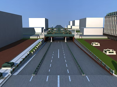 Urban Road Infrastructure With Overpass Buildings Green Belts And Street Lamps 3d model