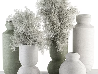 White and Green Textured Vases With Dried Flowers In Various Shapes For Home Decor 3d model
