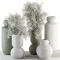 White and Green Textured Vases With Dried Flowers In Various Shapes For Home Decor