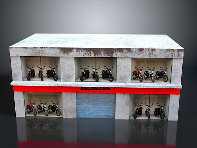 Honda Motorcycles Displayed in Two Story Building With Red Signboard and Windows 3d model