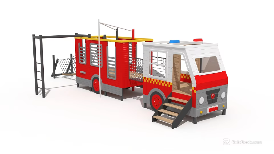 Red White Fire Truck Themed Children's Playground Structure With Climbing Frame And Stairs 3d model 