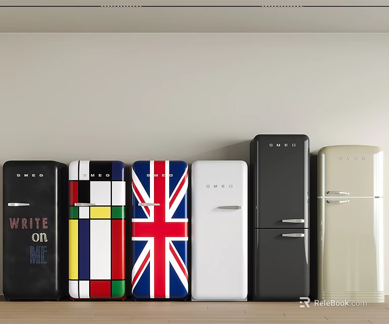 Vintage Style Refrigerators With Colorful Patterns Union Jack Design And Write On Me Feature 3d model 