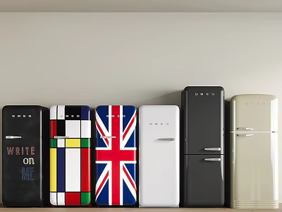 Vintage Style Refrigerators With Colorful Patterns Union Jack Design And Write On Me Feature 3d model