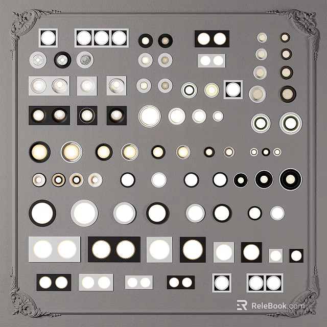 Modern Downlights And Spotlights With Various Styles On Gray Panel 3d model 