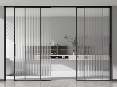Modern Black Framed Sliding Doors With Ribbed Glass For Interior Room Divider Design 3d model