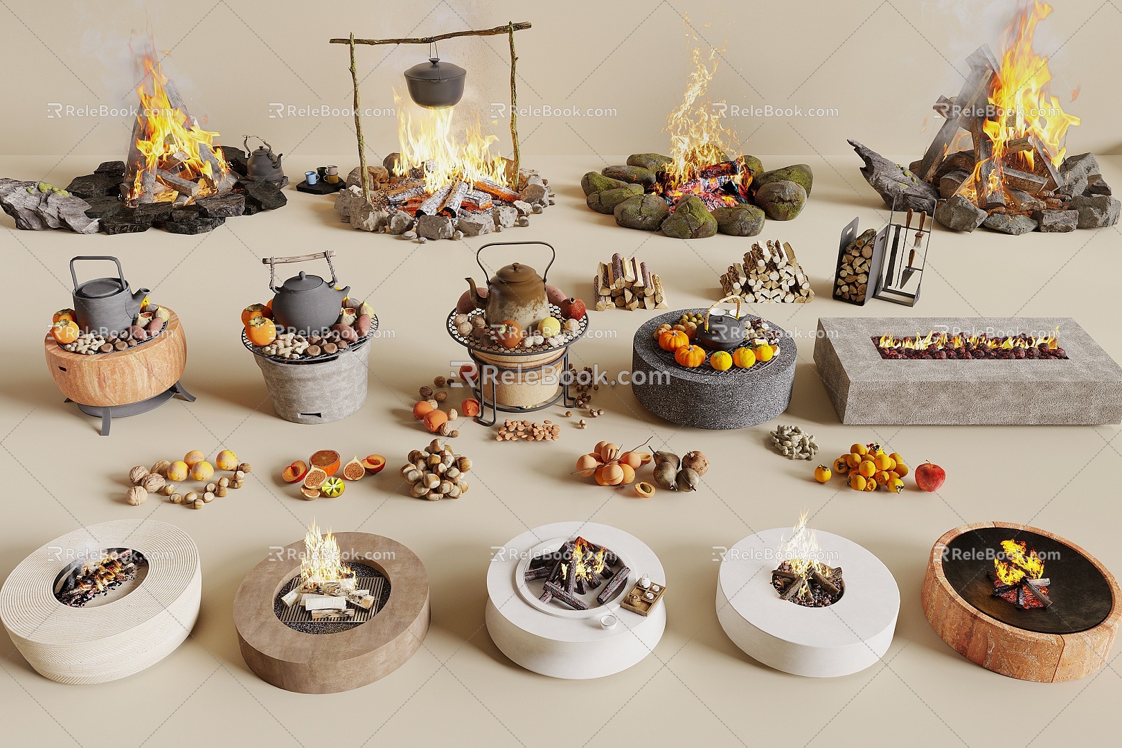 Modern Bonfire Encircled Stove Tea Making Fire Pile Fireplace Outdoor Bonfire Fireplace Nuts 3d model