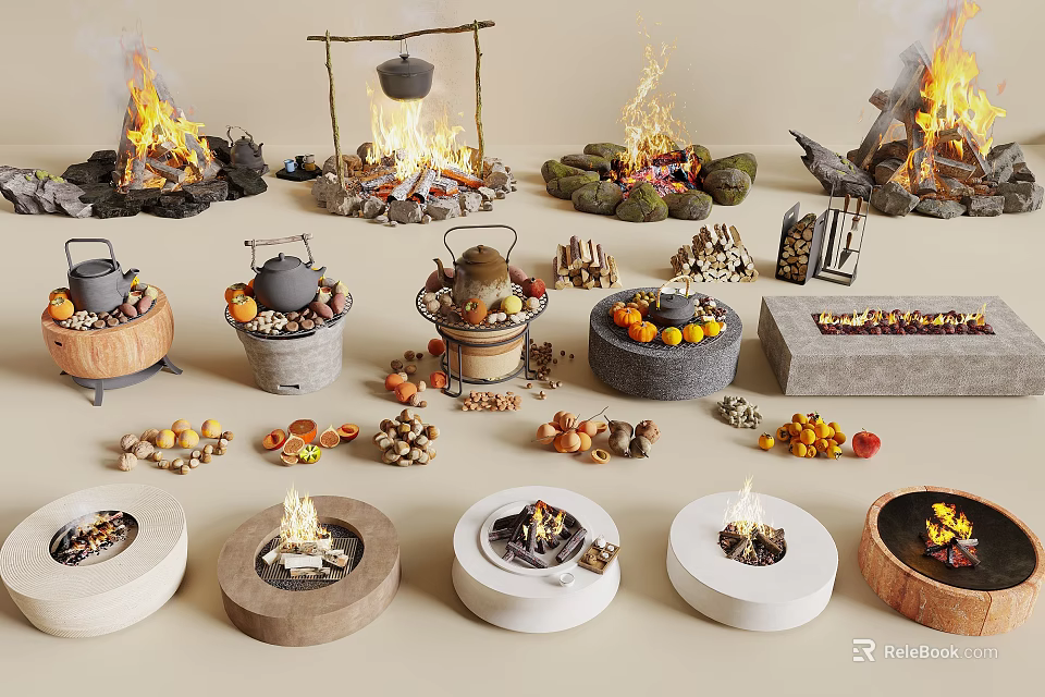 Various Fire Pit Designs with Kettle Fruits Nuts Round and Square Shapes 3d model 