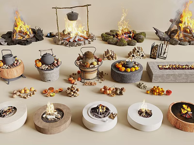 Various Fire Pit Designs with Kettle Fruits Nuts Round and Square Shapes 3d model