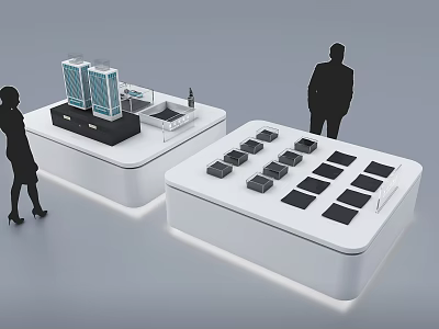 Modern White Display Stands With Electronic Devices And Standing People Silhouettes 3d model