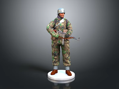 Man In Camouflage Military Uniform Holding Rifle Standing On White Base 3d model