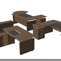 Various Wooden Office Desks With Black Surfaces Drawers And Storage Cabinets