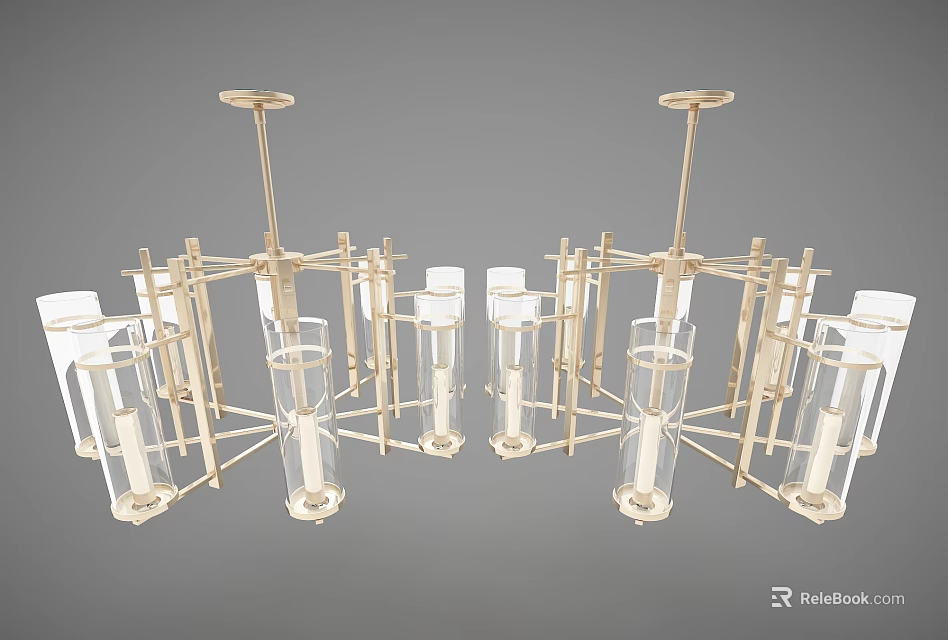 Modern Chandelier Design With Golden Metal Frame And Transparent Glass Tubes 3d model 