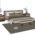 Double Bed with Wooden Headboard Woven Design Pillows Footstool Nightstands Table Lamp Vase and Rug