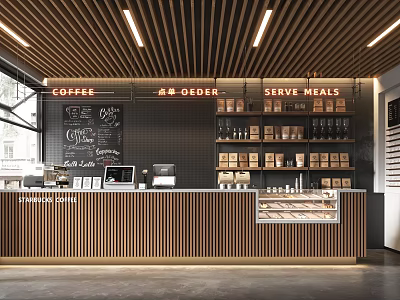 Café Interior Design With Wooden Counter Chalkboard Menu And Pastry Display Case 3d model