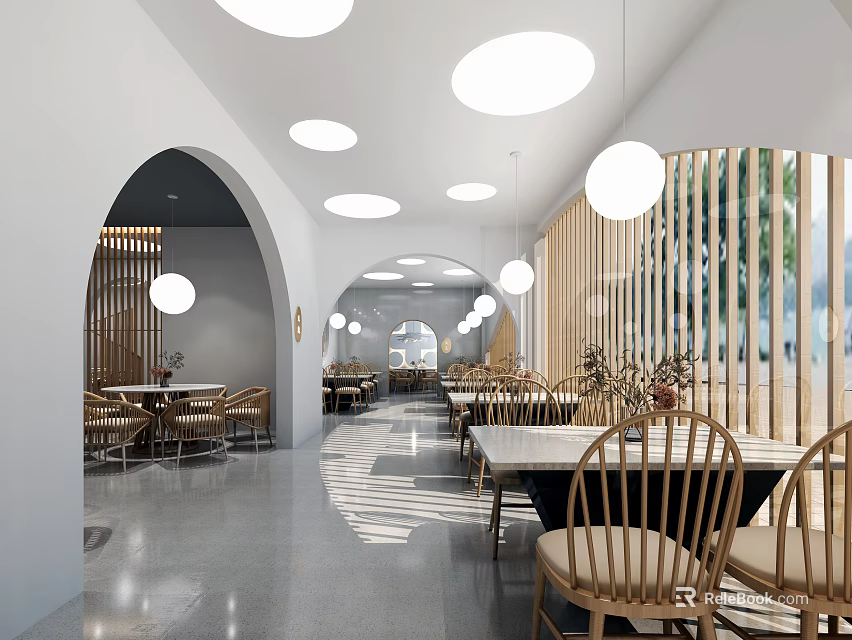 Modern Hot Pot Restaurant Interior With Arched Doorways Wooden Slat Partitions And Round Pendant Lights 3d model 