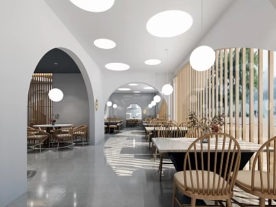 Modern Hot Pot Restaurant Interior With Arched Doorways Wooden Slat Partitions And Round Pendant Lights 3d model