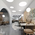 Modern Hot Pot Restaurant Interior With Arched Doorways Wooden Slat Partitions And Round Pendant Lights