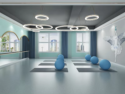 Yoga Studio Interior With Blue Yoga Balls Mats Light Blue Walls And Circular Pendant Lights 3d model