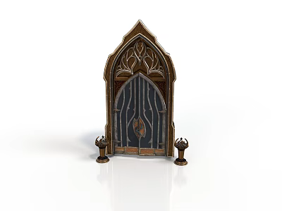 Gothic Style Wooden Door Wooden Door Carving Candlestick Gothic Architecture Medieval Style Ornate Decoration Blue Stripe Peacock Pattern Fine Carved Door 3d model